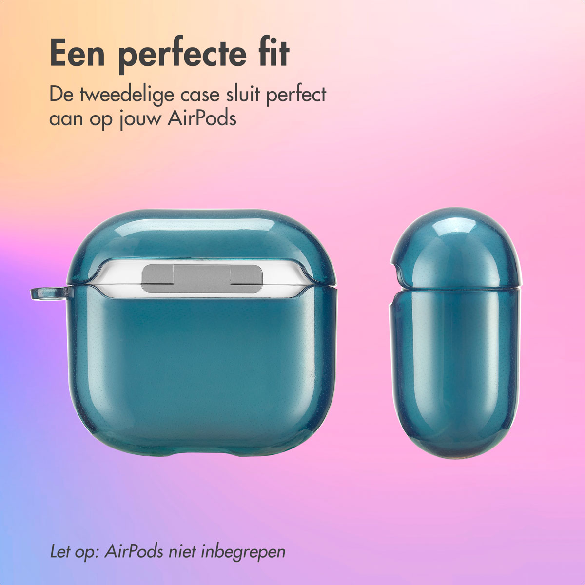 Teal AirPods case. The case is open. A smaller case is to the right. Text: A perfect fit.