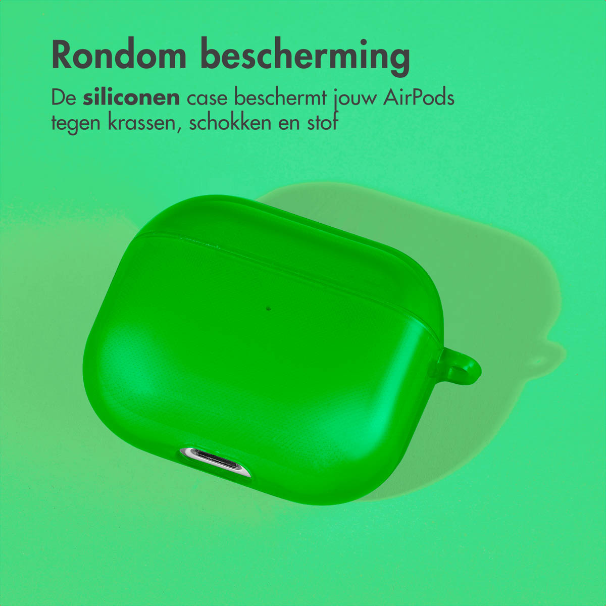 Green AirPods case on a green background. Text: All-around protection.