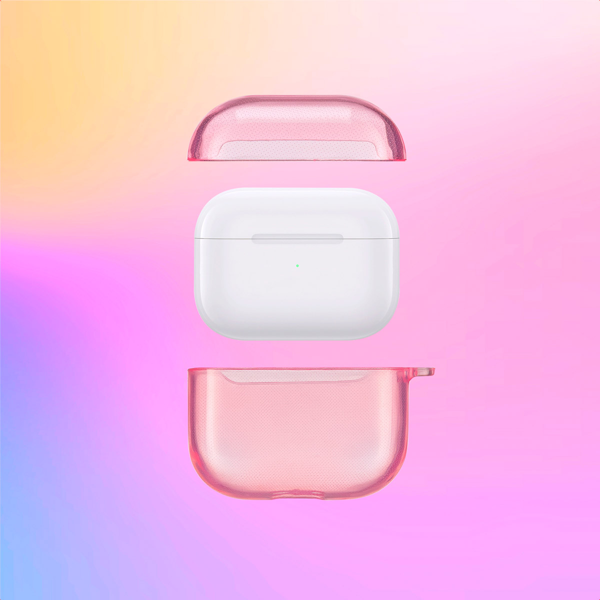 Pink AirPods case components separated. The top and bottom are shown.