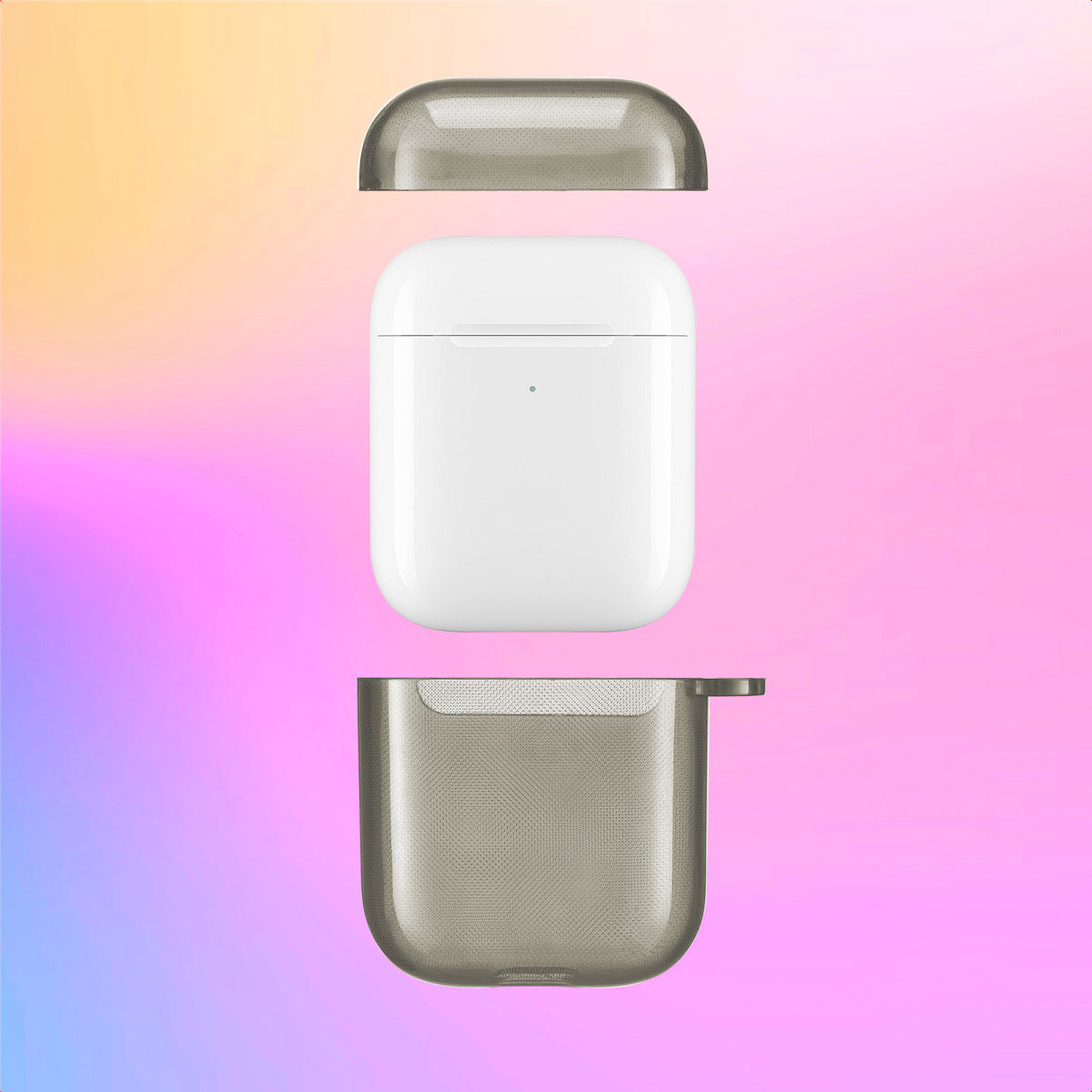 Gray AirPods case components separated. The top and bottom are shown.