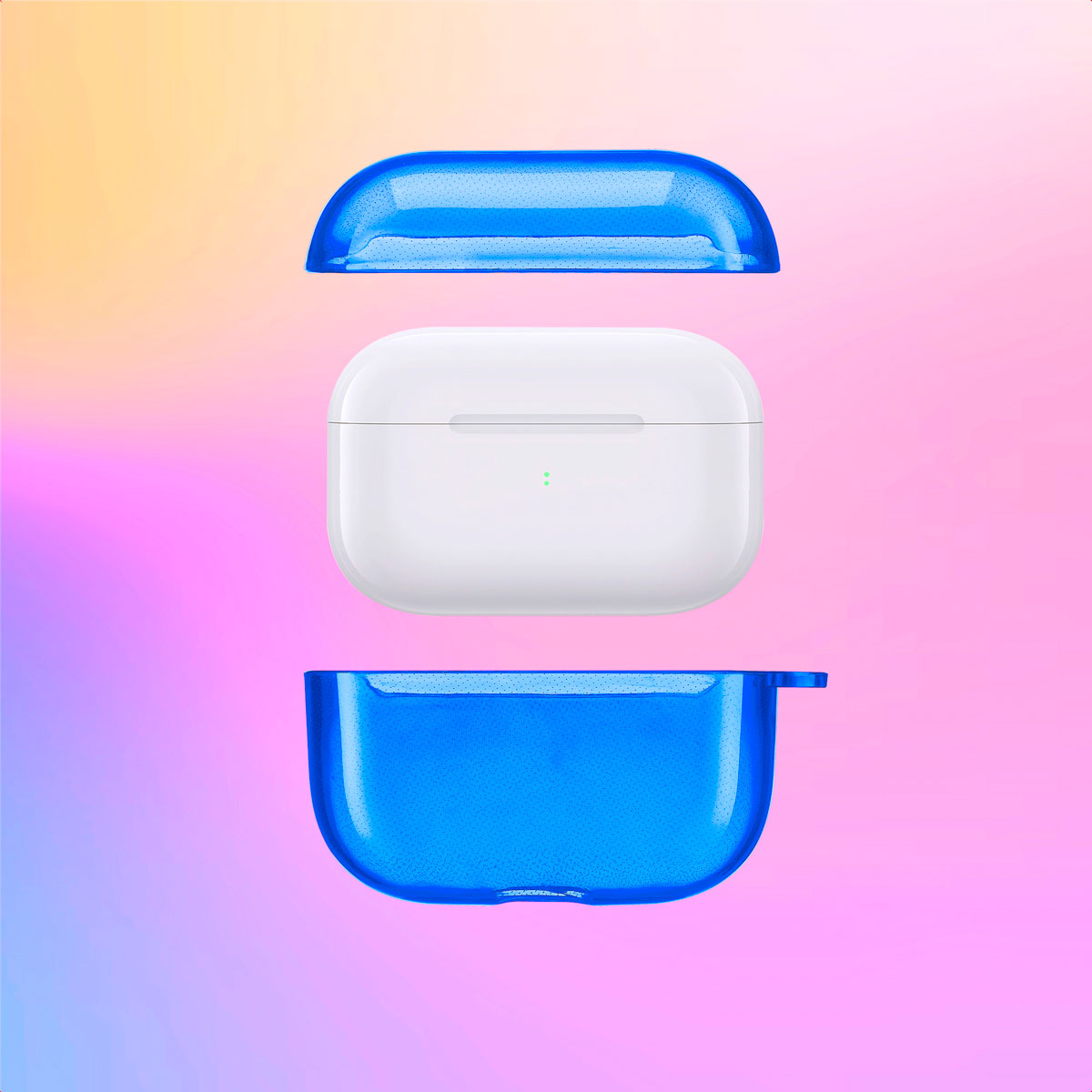 Blue AirPods case, separated into three parts, on a gradient background.
