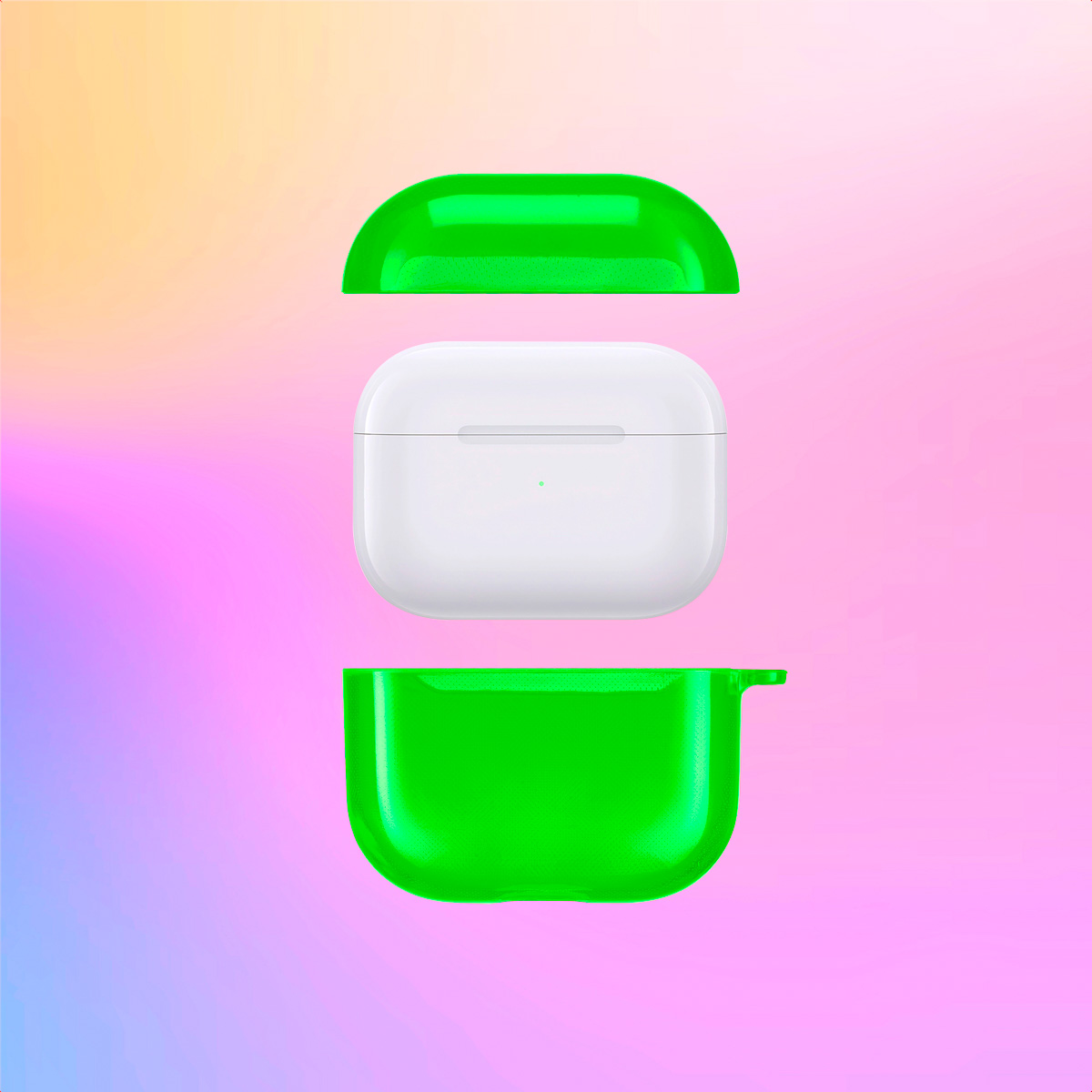 Green AirPods case, separated into three parts, on a gradient background.