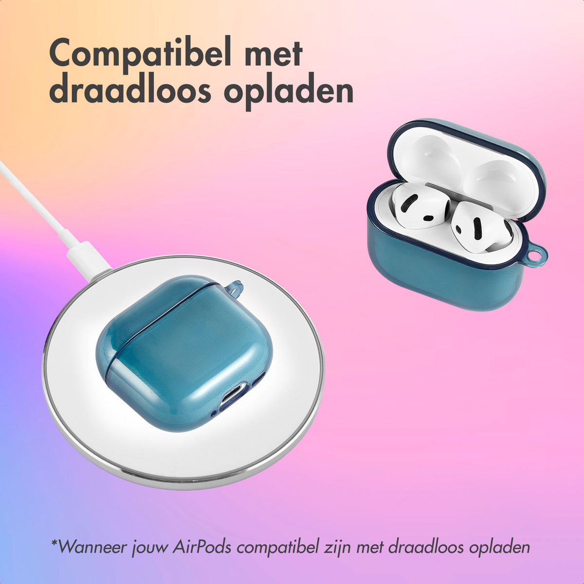 AirPods in a teal case on a wireless charger. Text: Compatible with wireless charging.