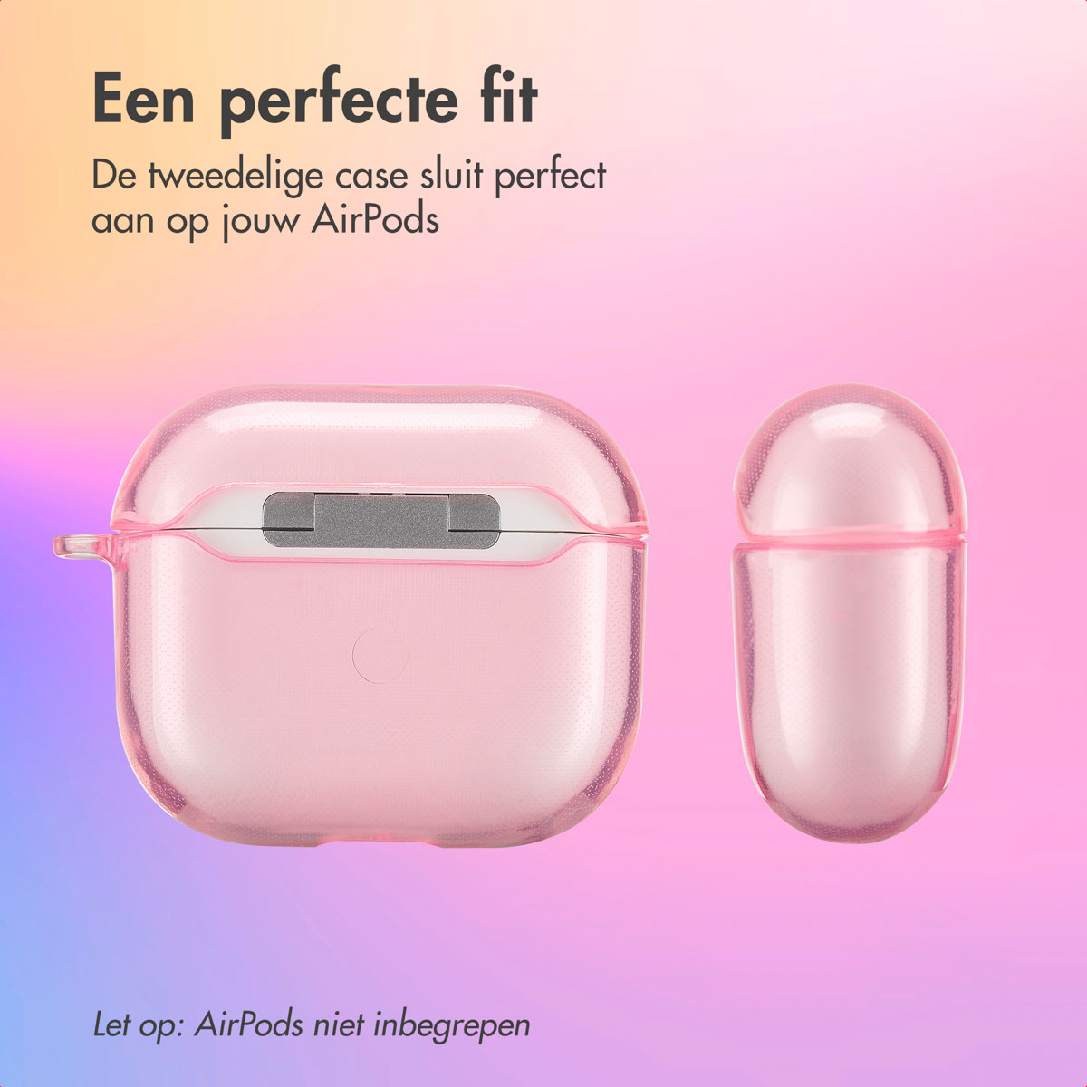 Pink AirPods case. The case is open. A smaller case is to the right. Text: A perfect fit.
