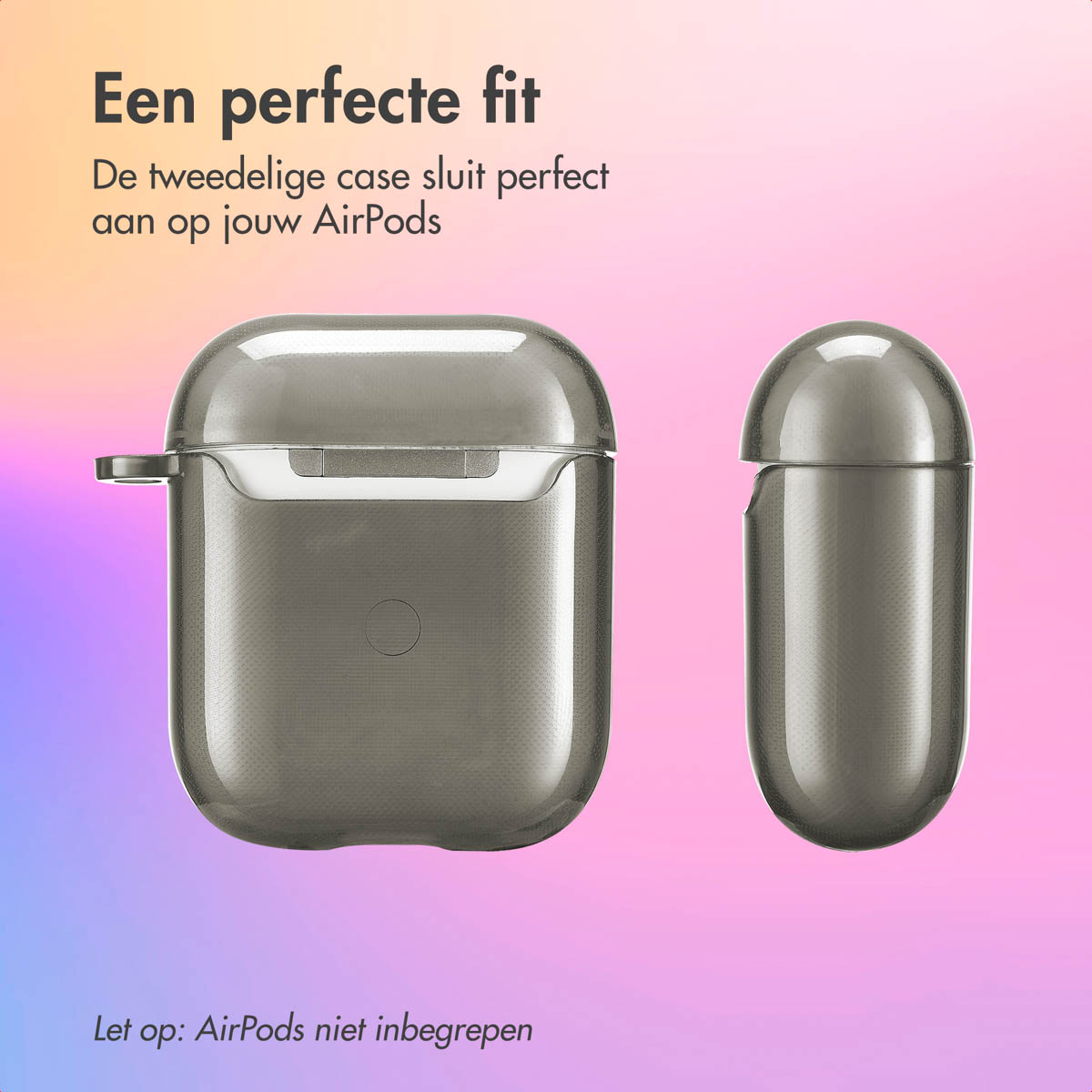 A gray AirPods case is next to its lid. Text says 'Een perfecte fit'.