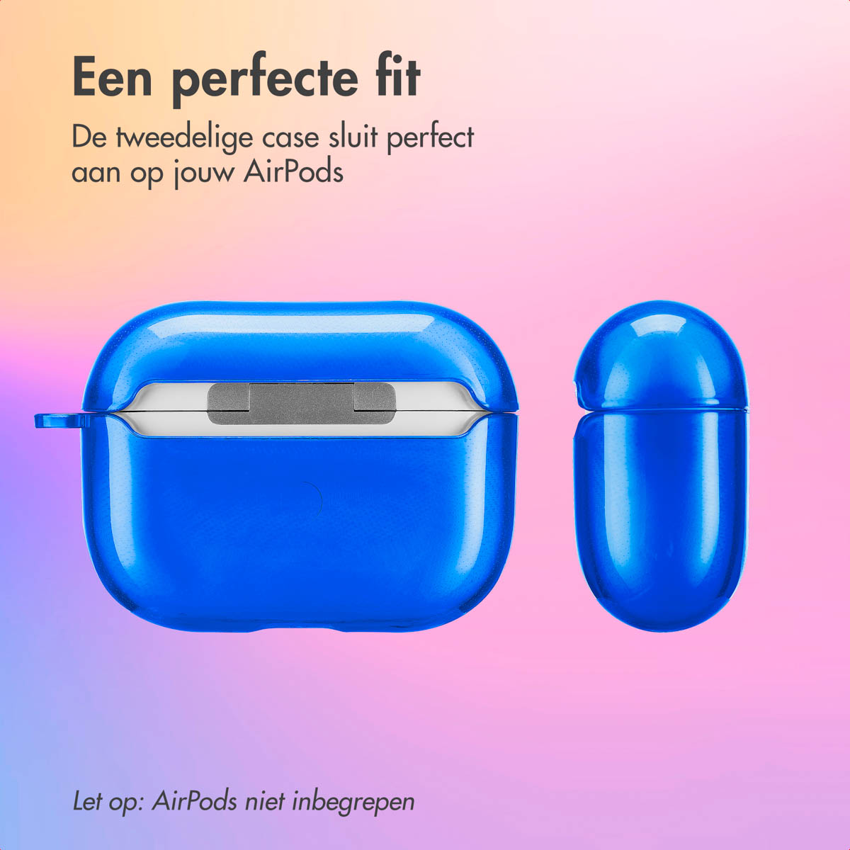 Blue AirPods case. The case is open. A smaller case is to the right. Text: A perfect fit.