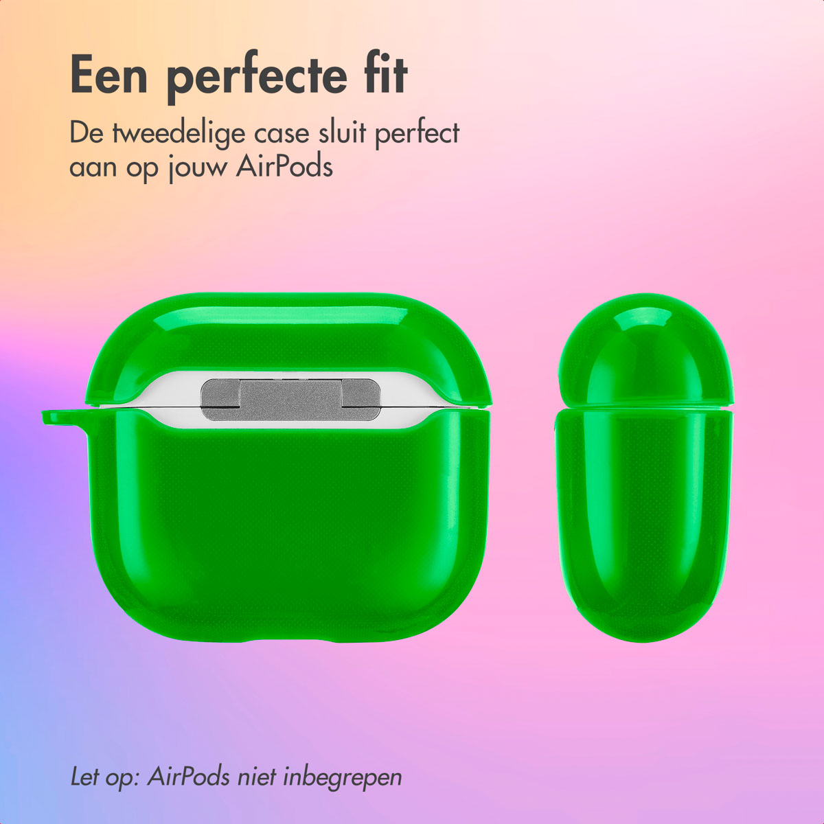 Green AirPods case. The case is open. A smaller case is to the right. Text: A perfect fit.