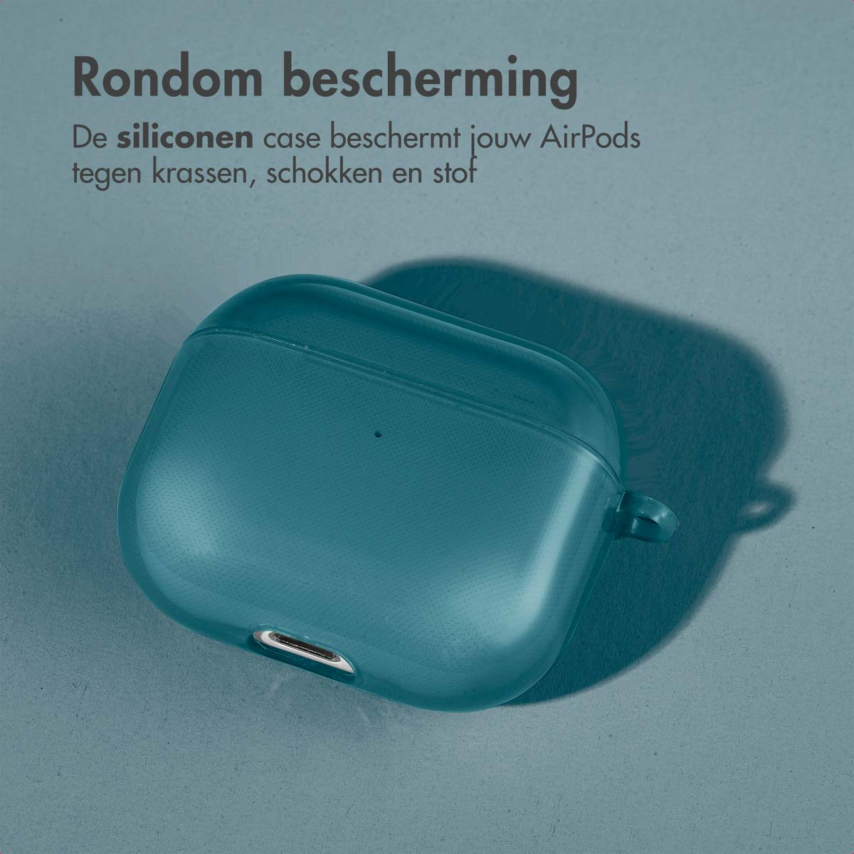 A teal AirPods case on a teal surface. Text says 'Rondom bescherming'.