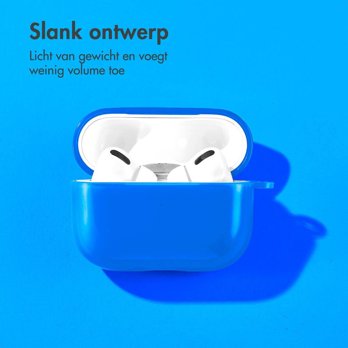 Blue AirPods case with white AirPods inside, on blue background. Text at top: Slim design.
