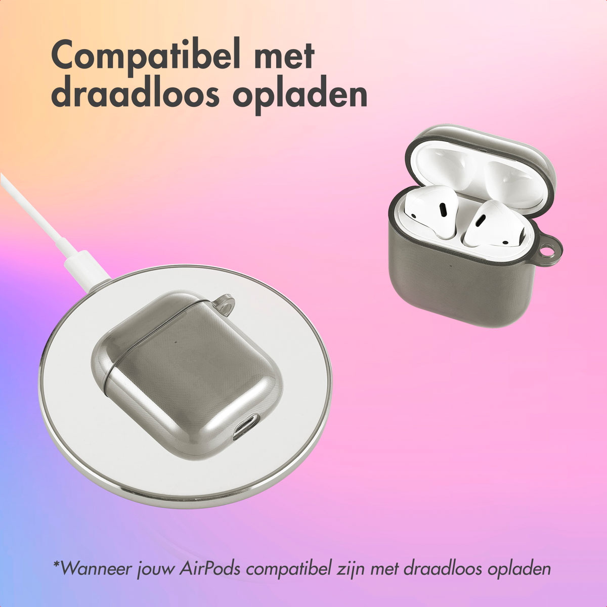 AirPods case on a wireless charger and AirPods in a gray case. Text: Wireless charging compatible.