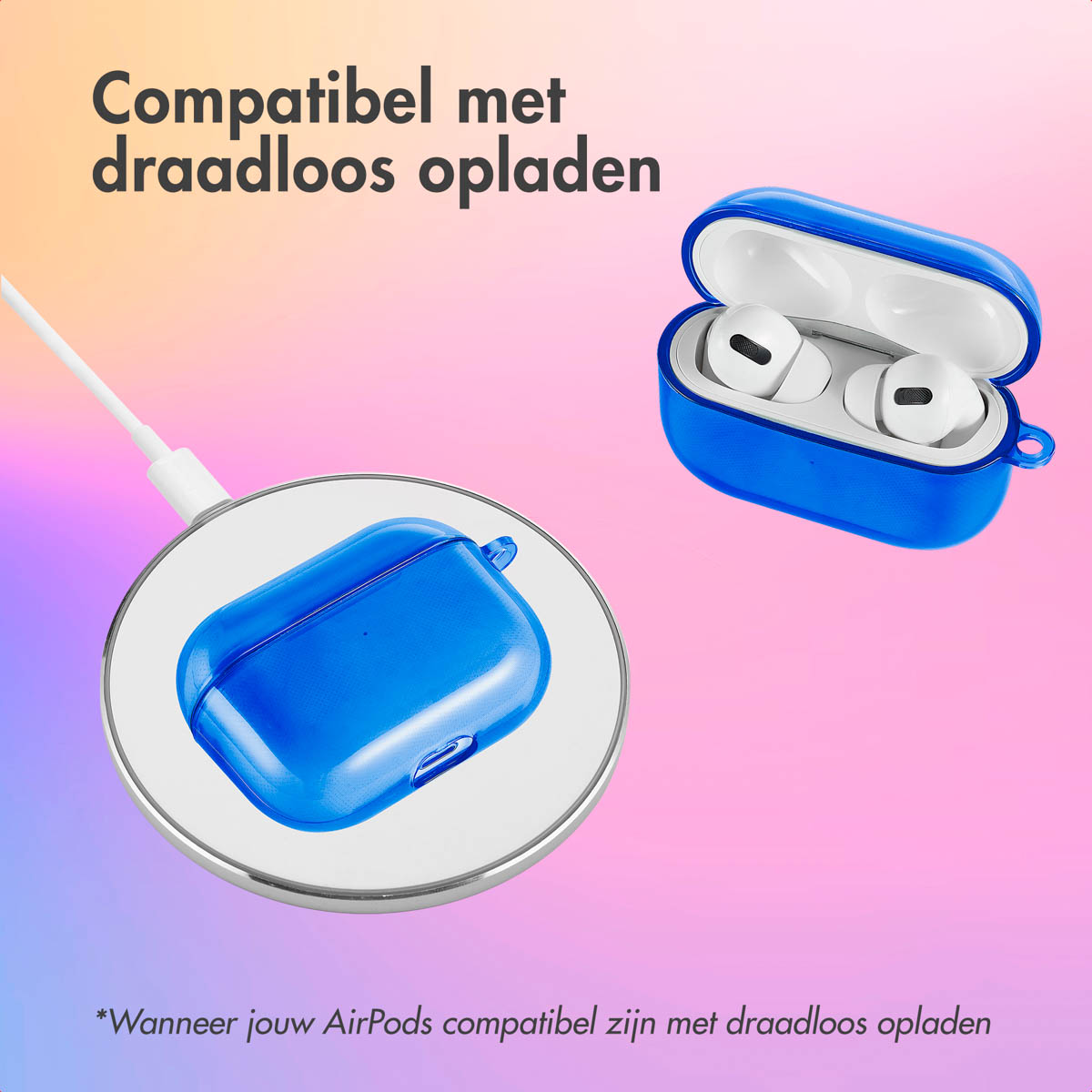 Blue AirPods case and charging pad, both on a gradient background. Text in Dutch.