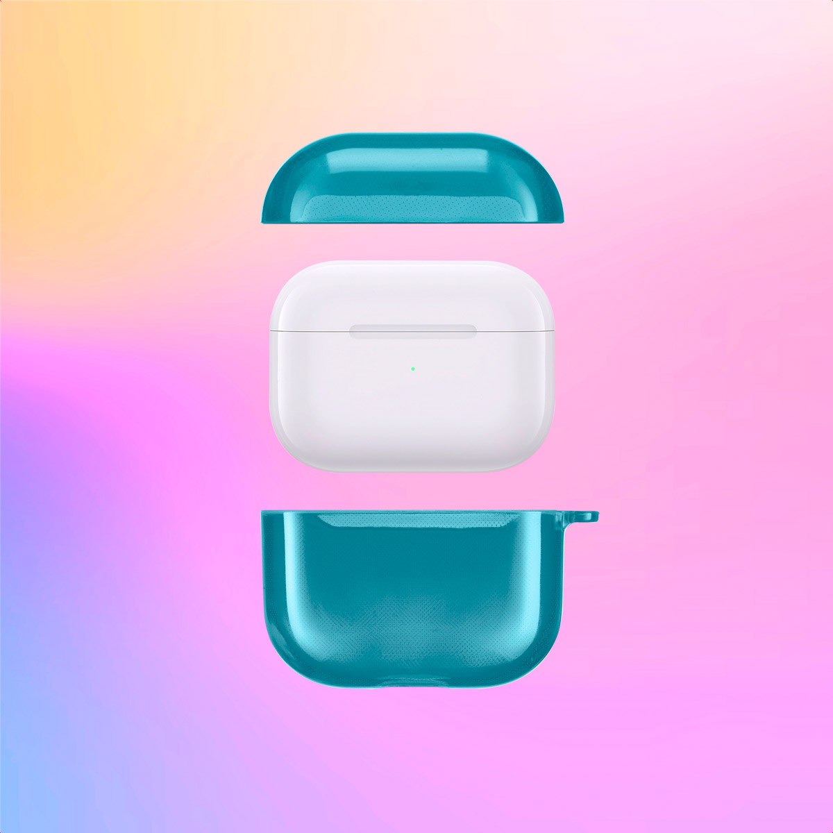 Teal case components and white AirPods case with a colorful background.