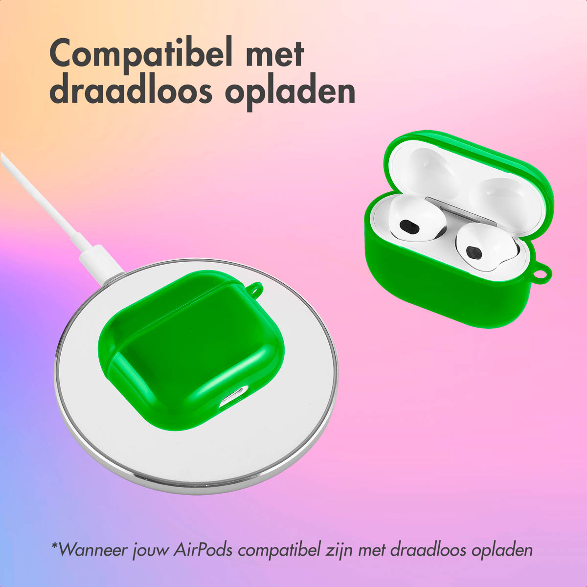 AirPods case on a wireless charger and AirPods in a green case. Text: Wireless charging compatible.