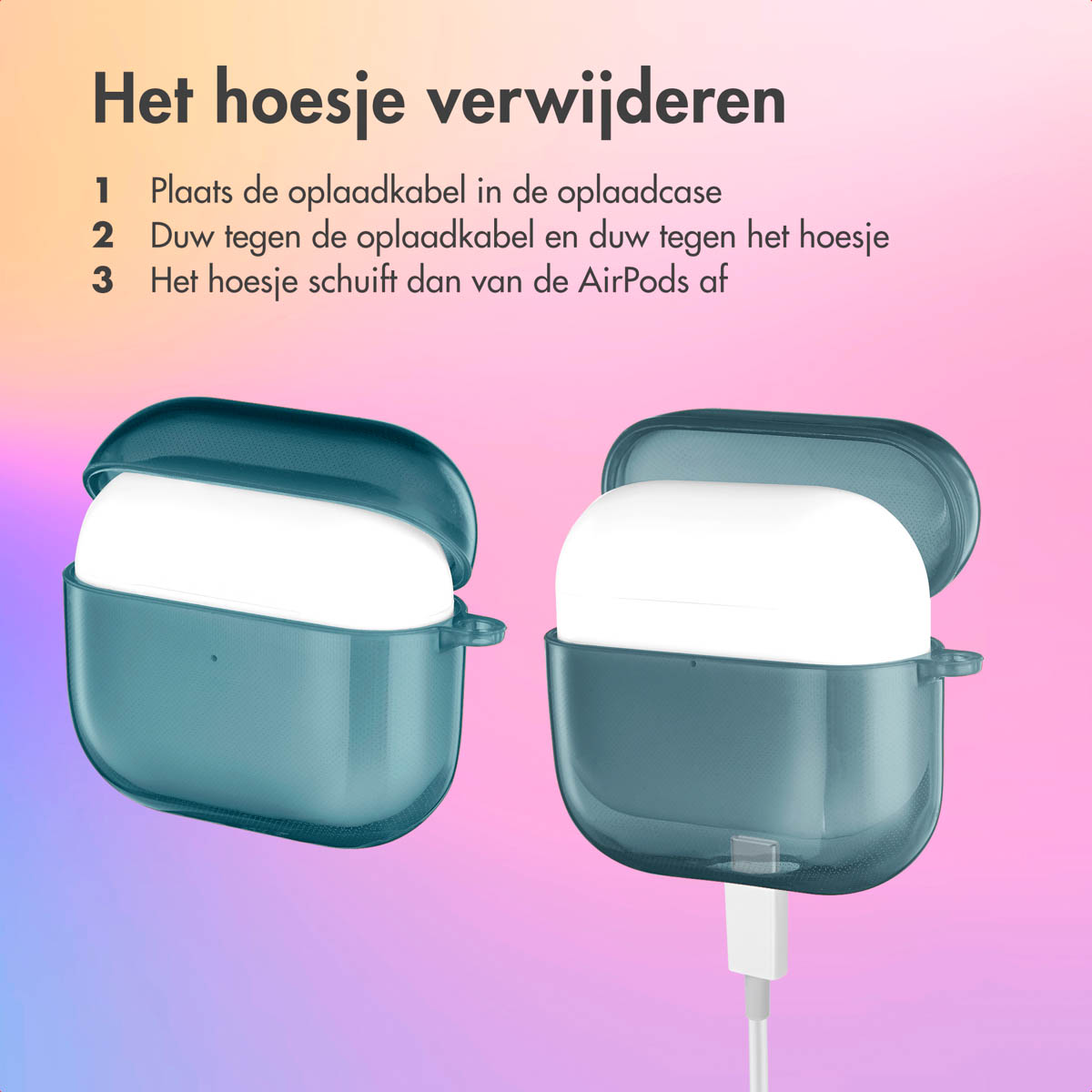 AirPods case with AirPods inside, and a charging cable connected. Text: Remove the case.