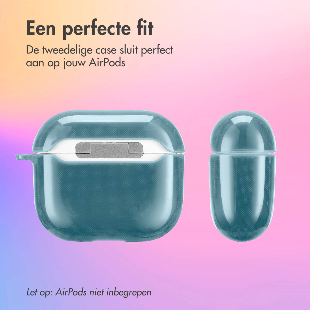 Teal AirPods case components, closed and open. Text: A perfect fit. Airpods not included.