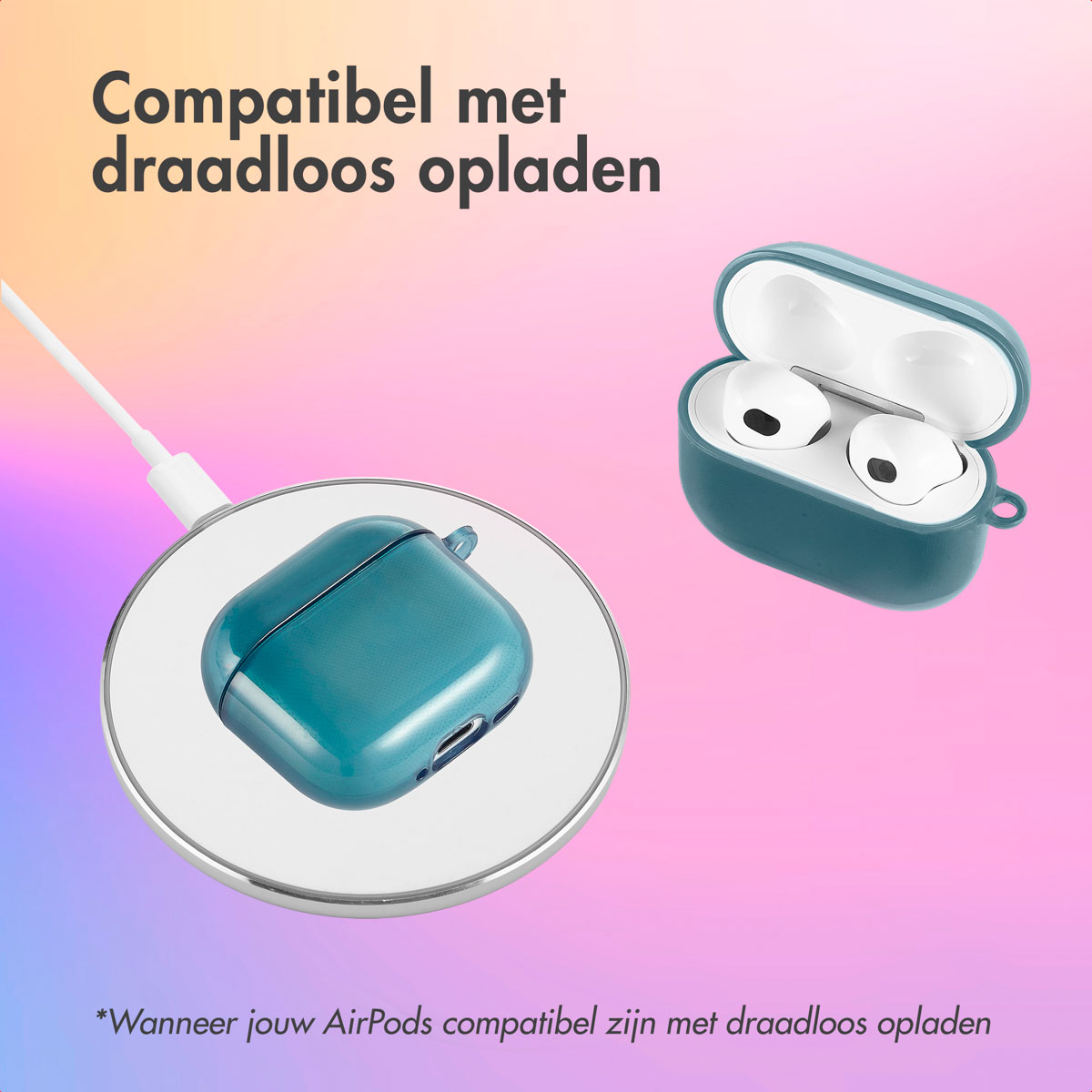 AirPods case on a wireless charger and AirPods in a teal case. Text: Wireless charging compatible.