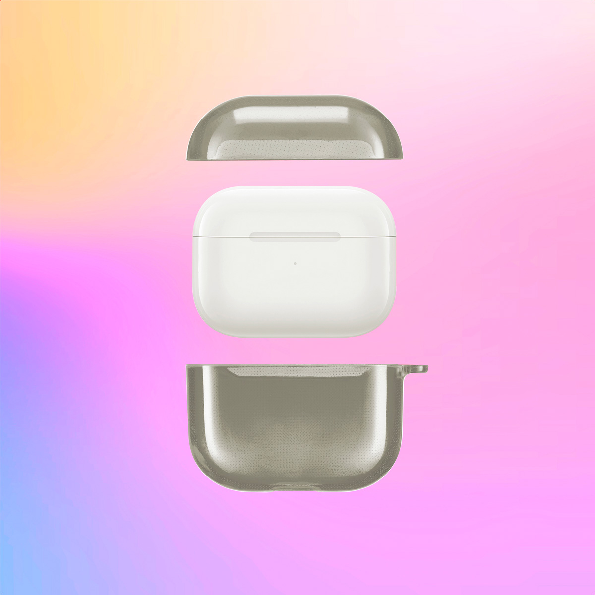 Gray AirPods case components separated on a gradient background. Text in Dutch.