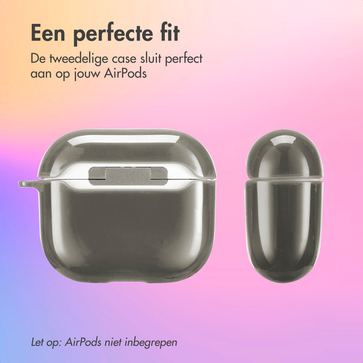 Gray AirPods case components, closed and open. Text: A perfect fit. Airpods not included.