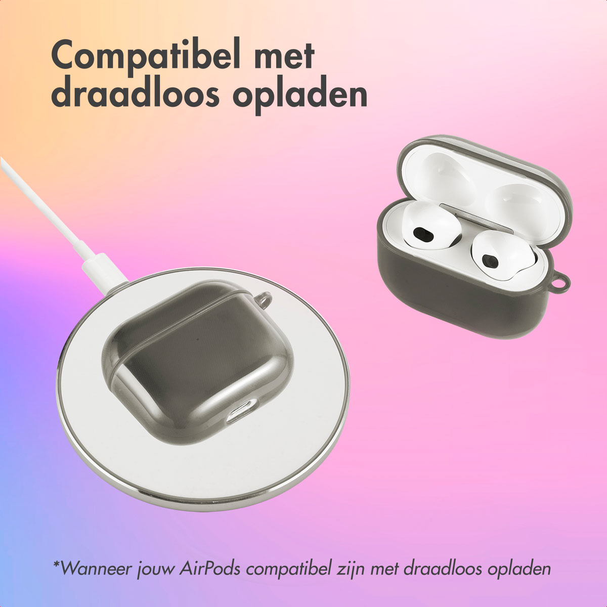 Gray AirPods case and charging pad, both on a gradient background. Text in Dutch.