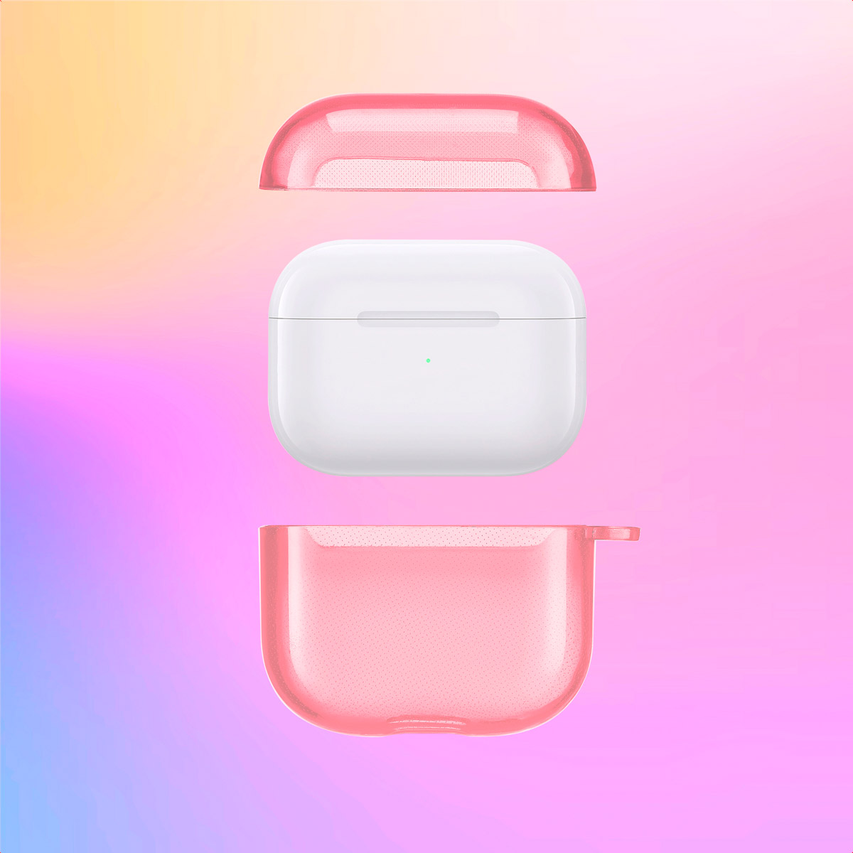 Pink AirPods case components separated on a gradient background. Text in Dutch.