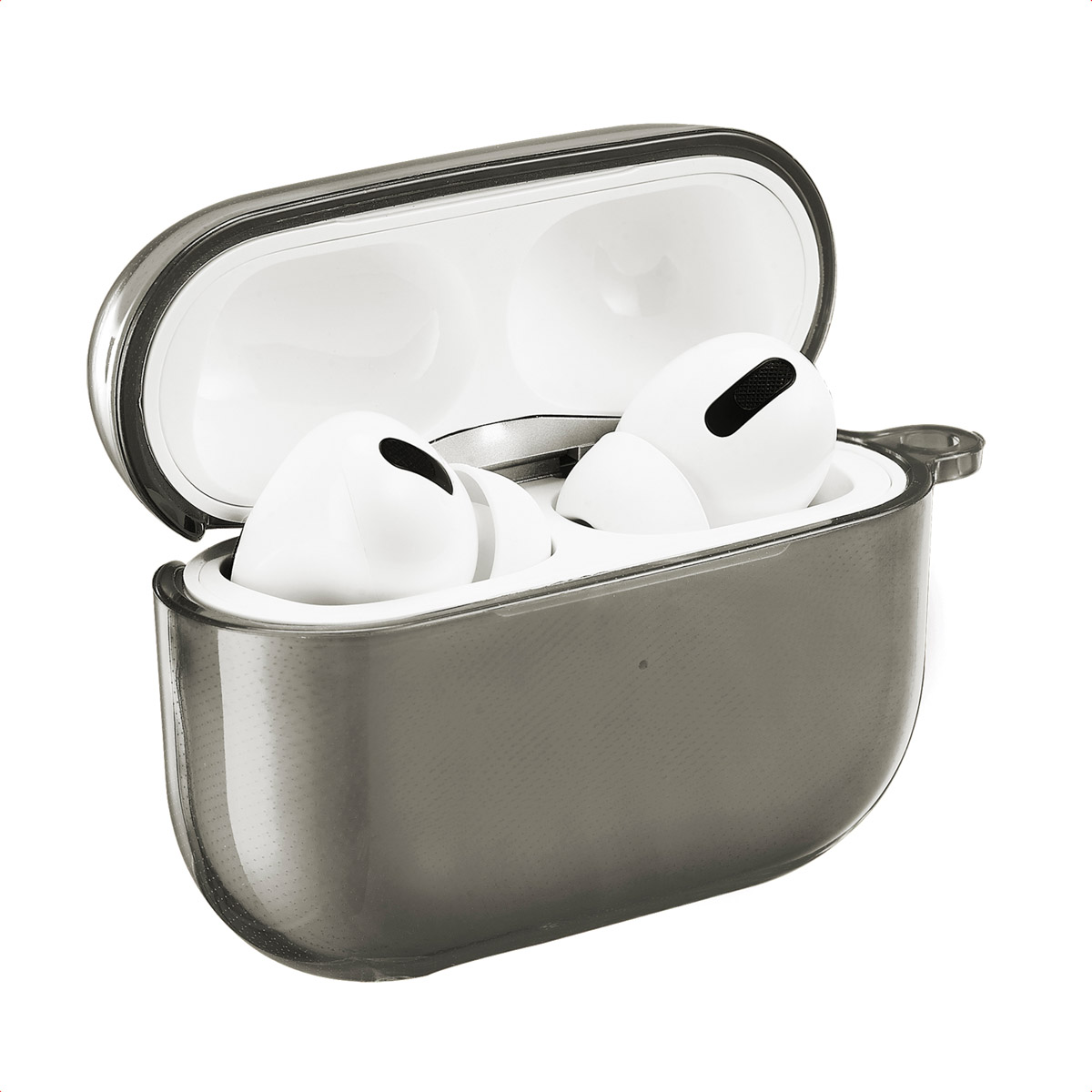 Gray AirPods case open, with white earbuds inside. White background.