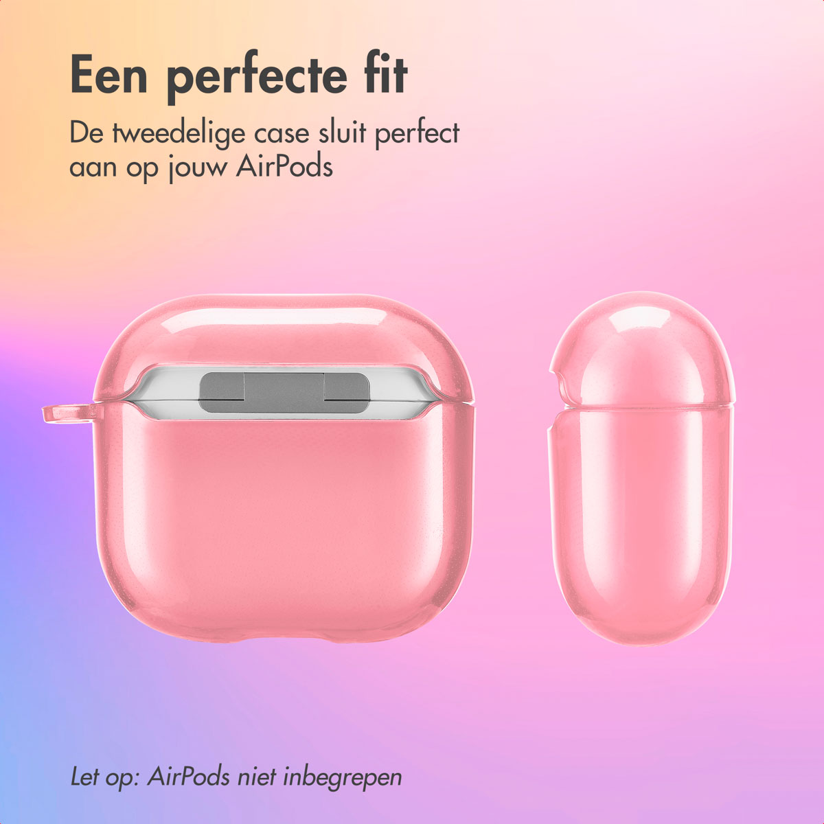 Pink AirPods case, case open and closed. Text in Dutch. Pink and purple background.