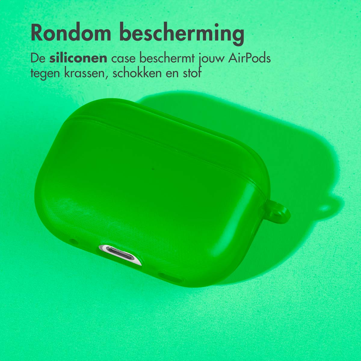 A green AirPods case. The background is green.