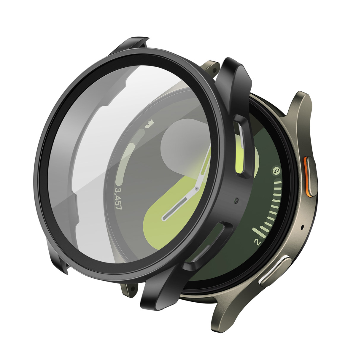 Horloge met zwarte kast en transparante cover, gedeeltelijk gedemonteerd.