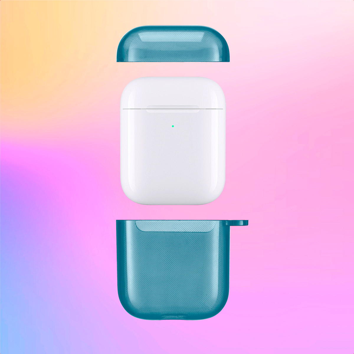 AirPods case with top, body, and bottom parts. The case is teal, the AirPods are white.