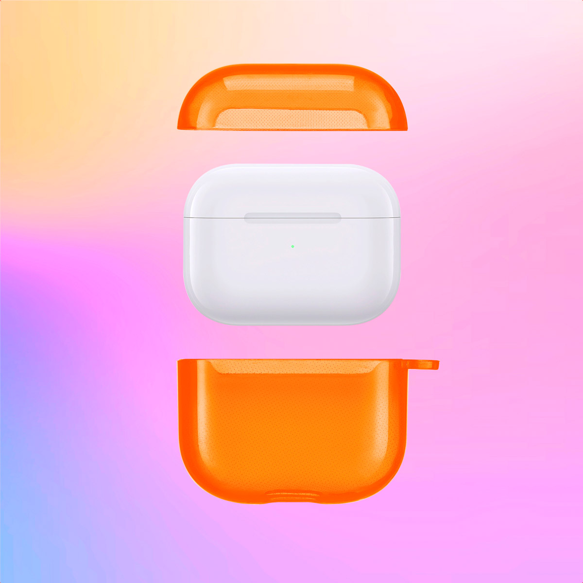 AirPods case with top, body, and bottom parts. The case is orange, the AirPods are white.
