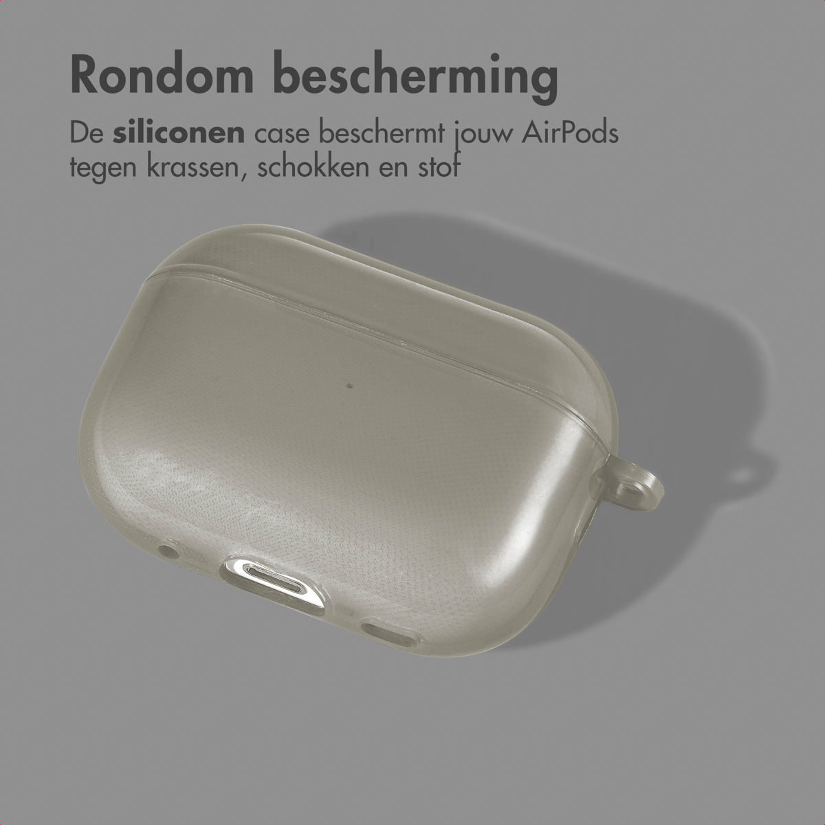 Grey AirPods case on a grey background. Text in Dutch.