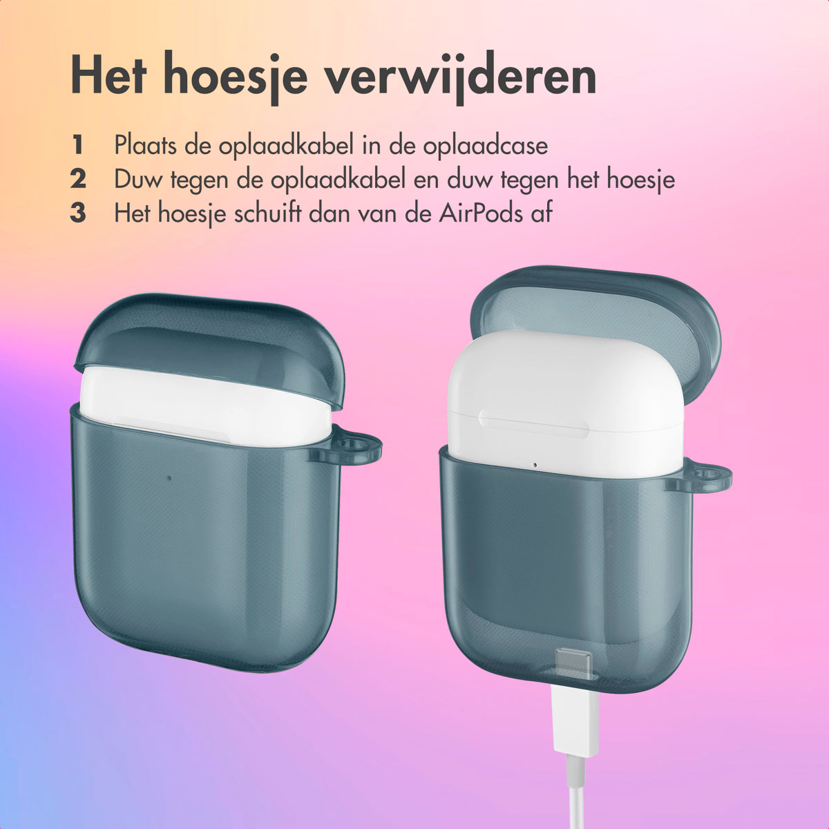 Two AirPods cases, one open, the other closed. Both are teal, with white AirPods inside.