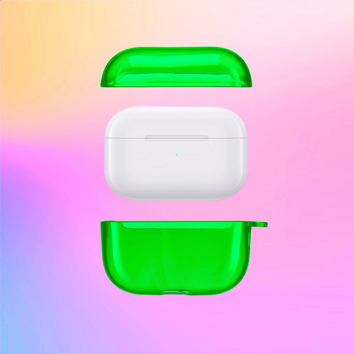 AirPods case with top, body, and bottom parts. The case is green, the AirPods are white.