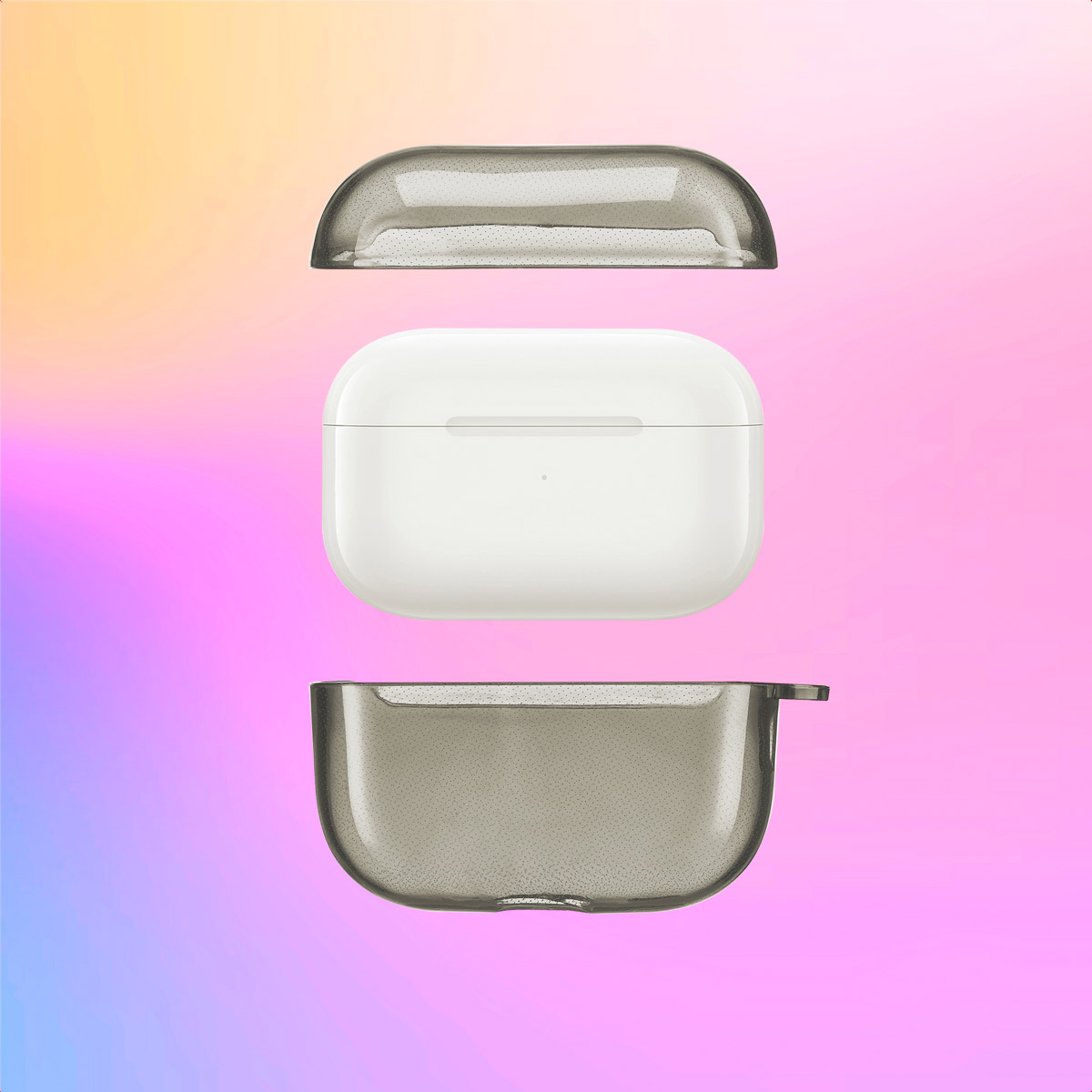 AirPods case with top, body, and bottom parts. The case is grey, the AirPods are white.
