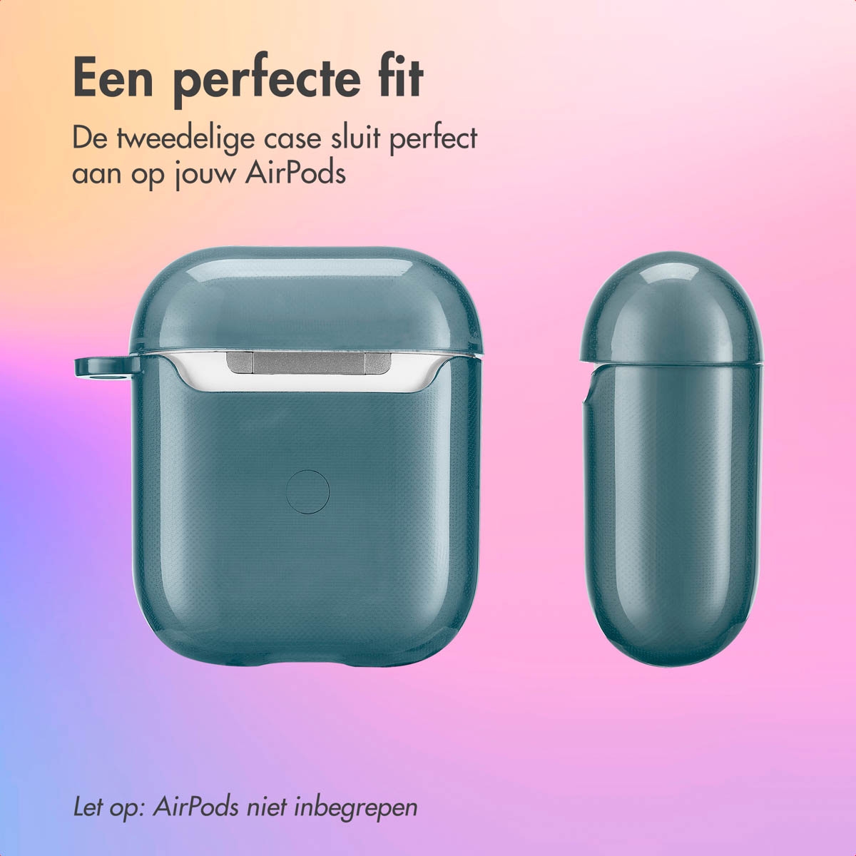 Green AirPods case, two pieces, with a gradient background. Text at top: Perfect fit.