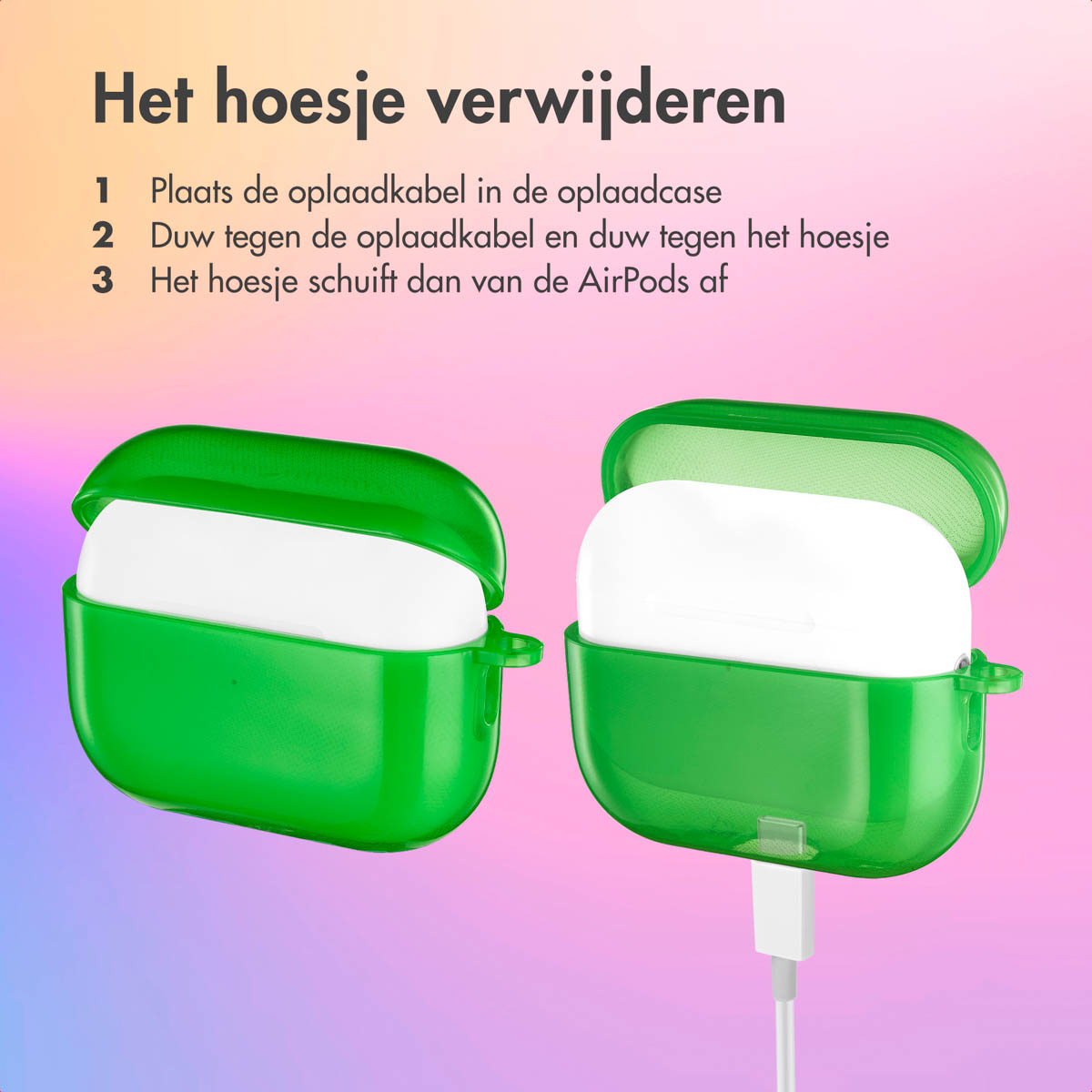 Two green AirPods cases. Text in Dutch. White cable.