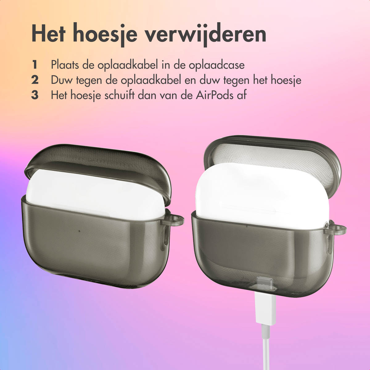 Two dark grey AirPods cases. Text in Dutch. White cable.