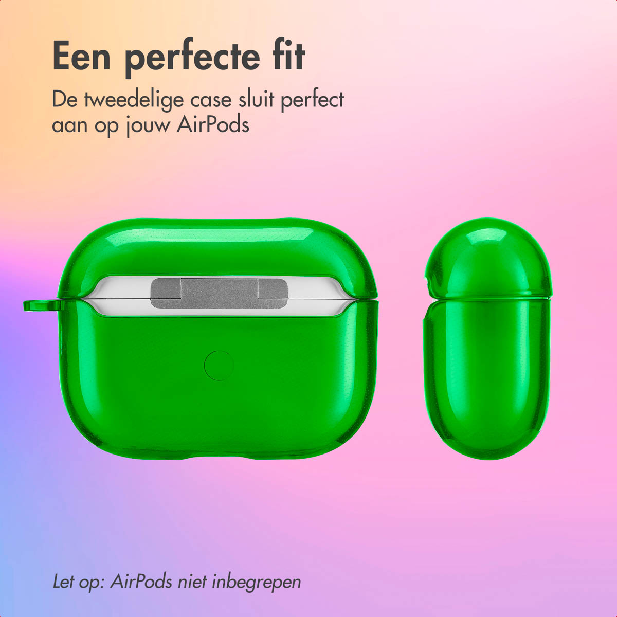Green AirPods case, case open and closed. Text in Dutch. Pink and purple background.