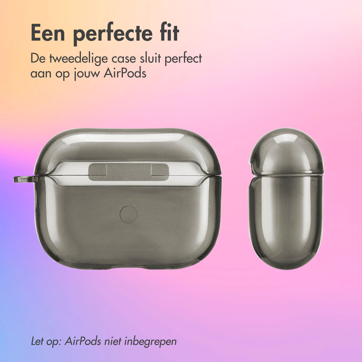 Grey AirPods case open. White AirPods are inside. The background is a gradient of colors.