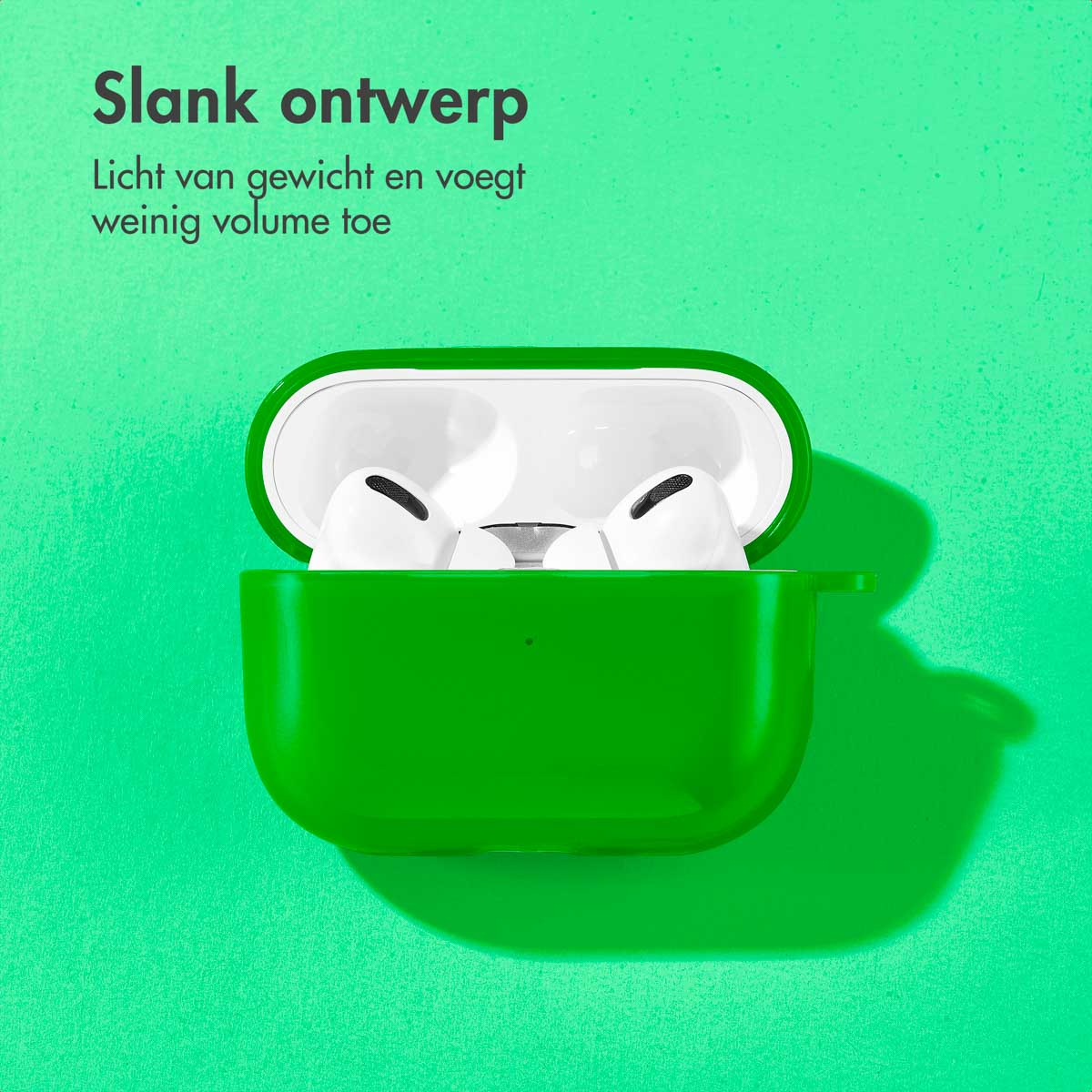 Green AirPods case open. White AirPods are inside. The background is green.