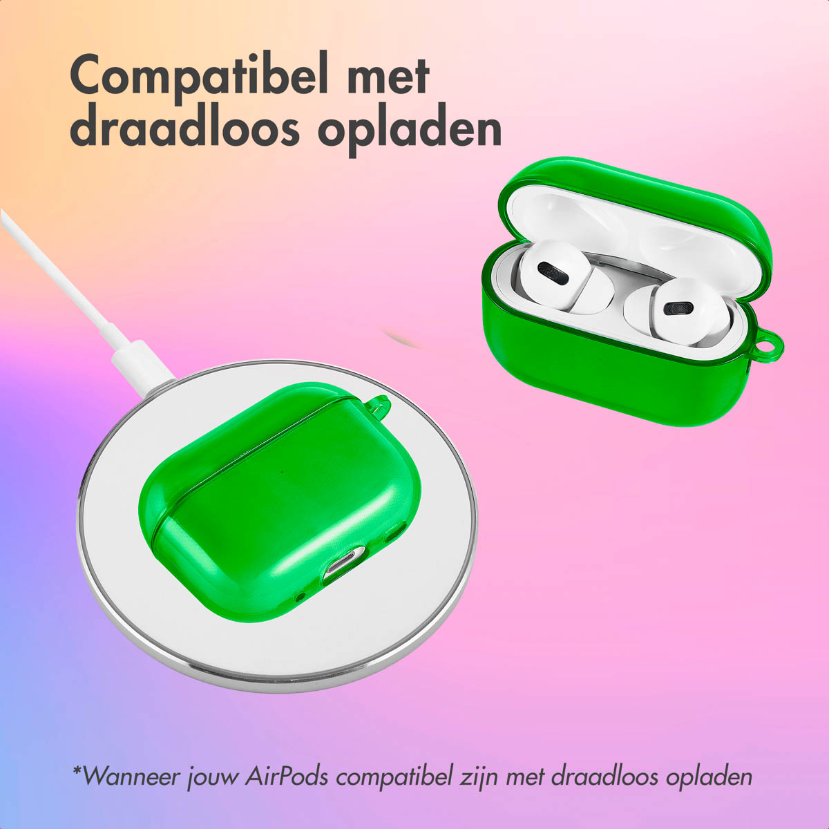 Green AirPods case on a wireless charger, with AirPods inside.