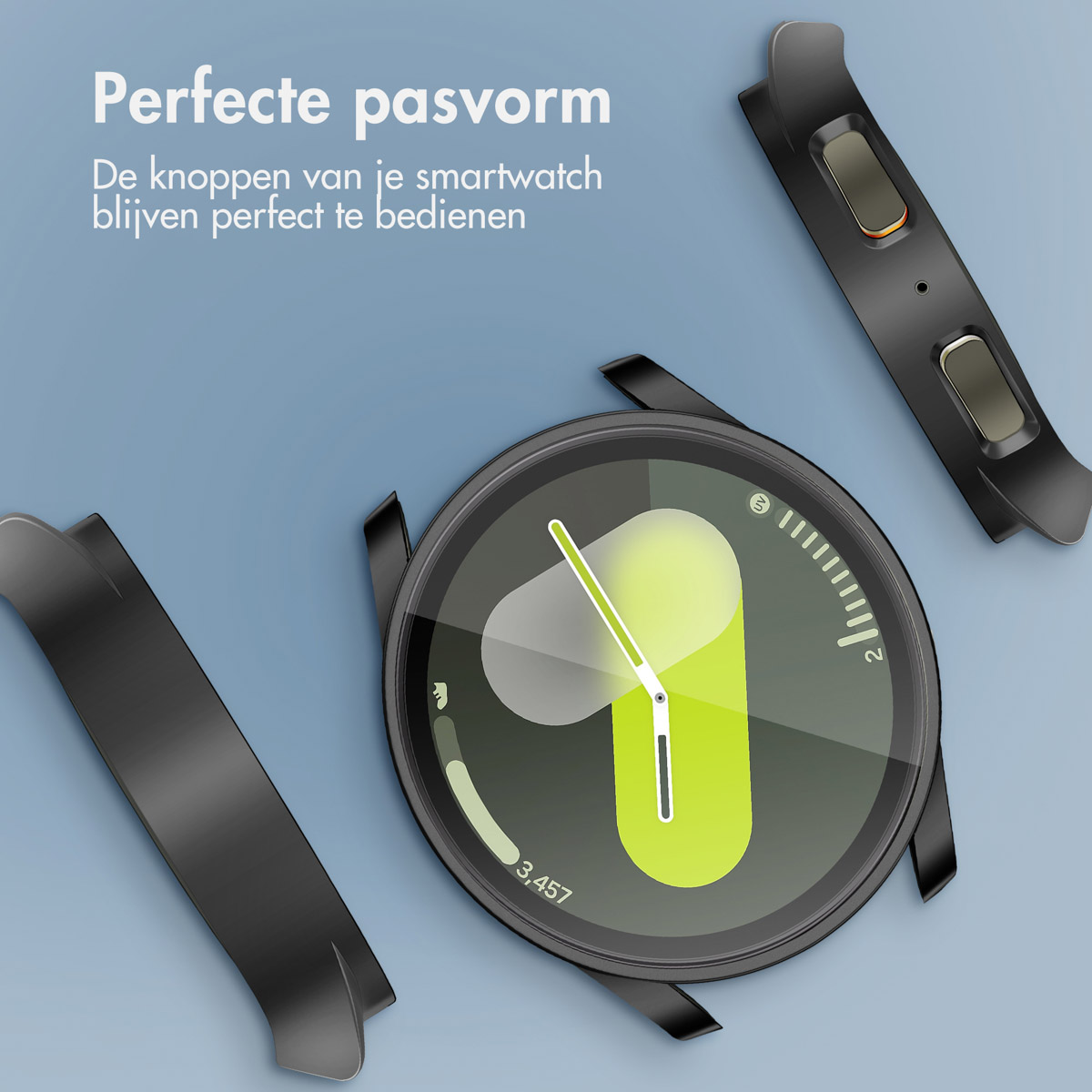 Een smartwatch met zwarte elementen. De wijzers tonen de tijd.