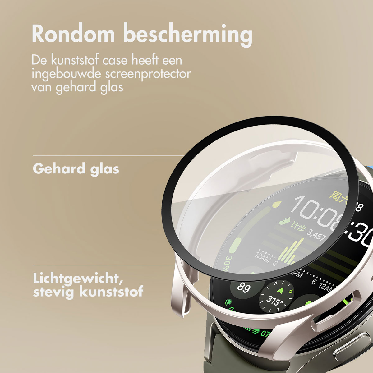 Een smartwatch die de tijd weergeeft, met een beschermend scherm over het display.