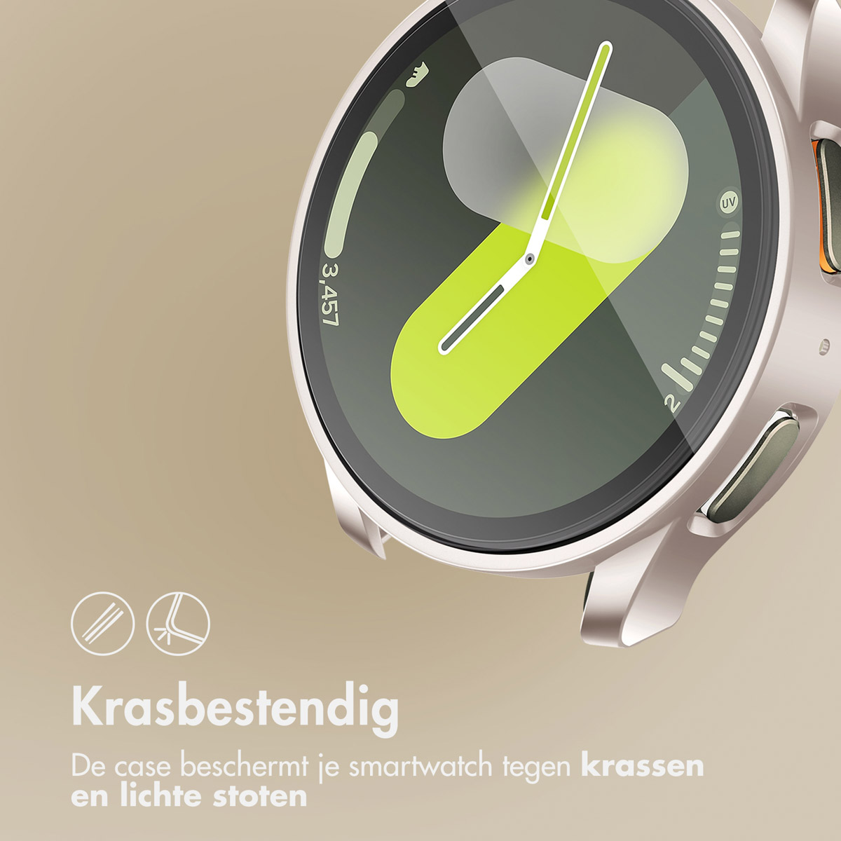 Smartwatch-scherm met beschermfolie, toont tijd en details.