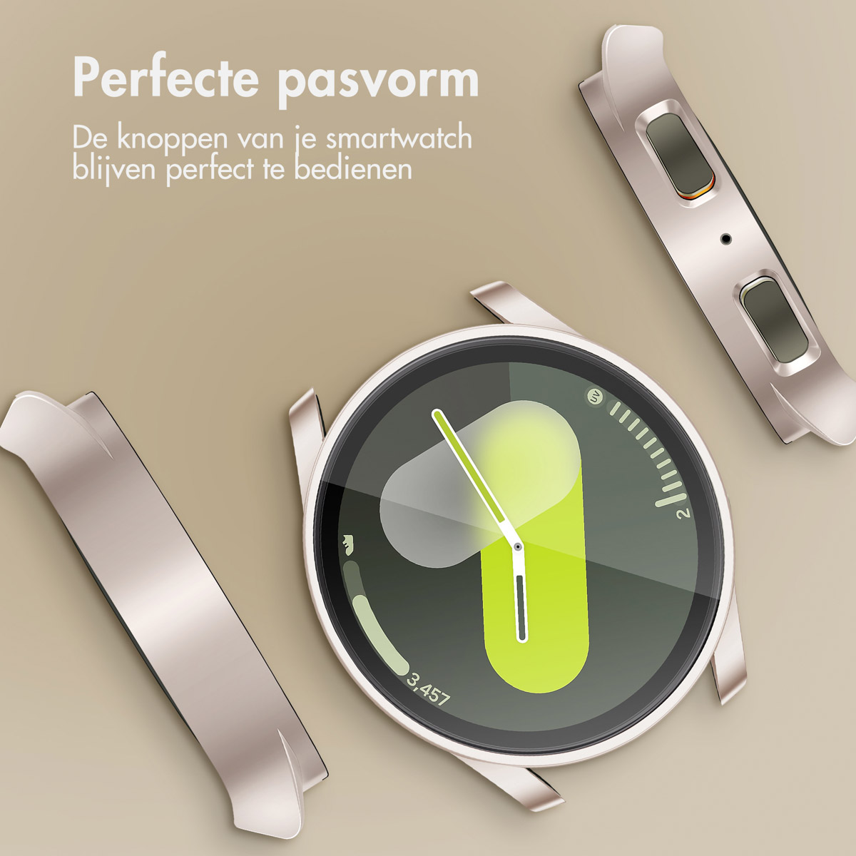 Smartwatch en onderdelen. Horloge is zilver, groen en zwart. Onderdelen zijn zilver. Nederlandse tekst. Bruine achtergrond.