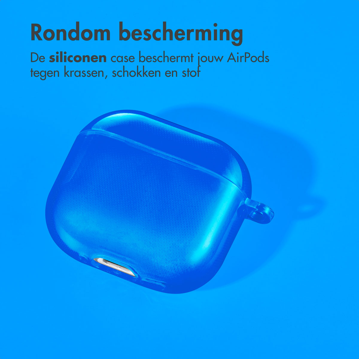 A blue, transparent AirPods case, on a blue background. It casts a shadow.