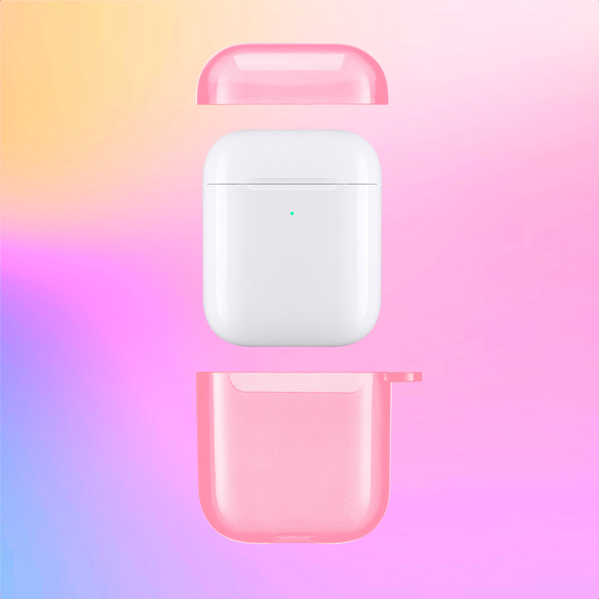 White AirPods in pink case, with pink lid and base. Set against color gradient.