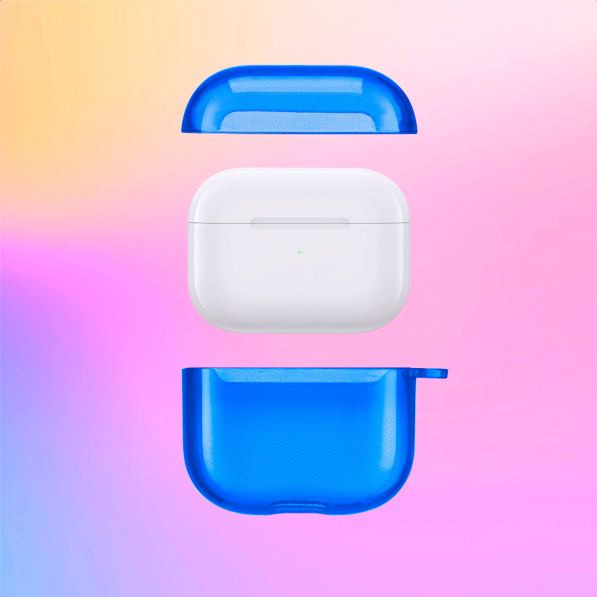 Blue AirPods case parts, separated. White AirPods inside. Pink and purple gradient background.