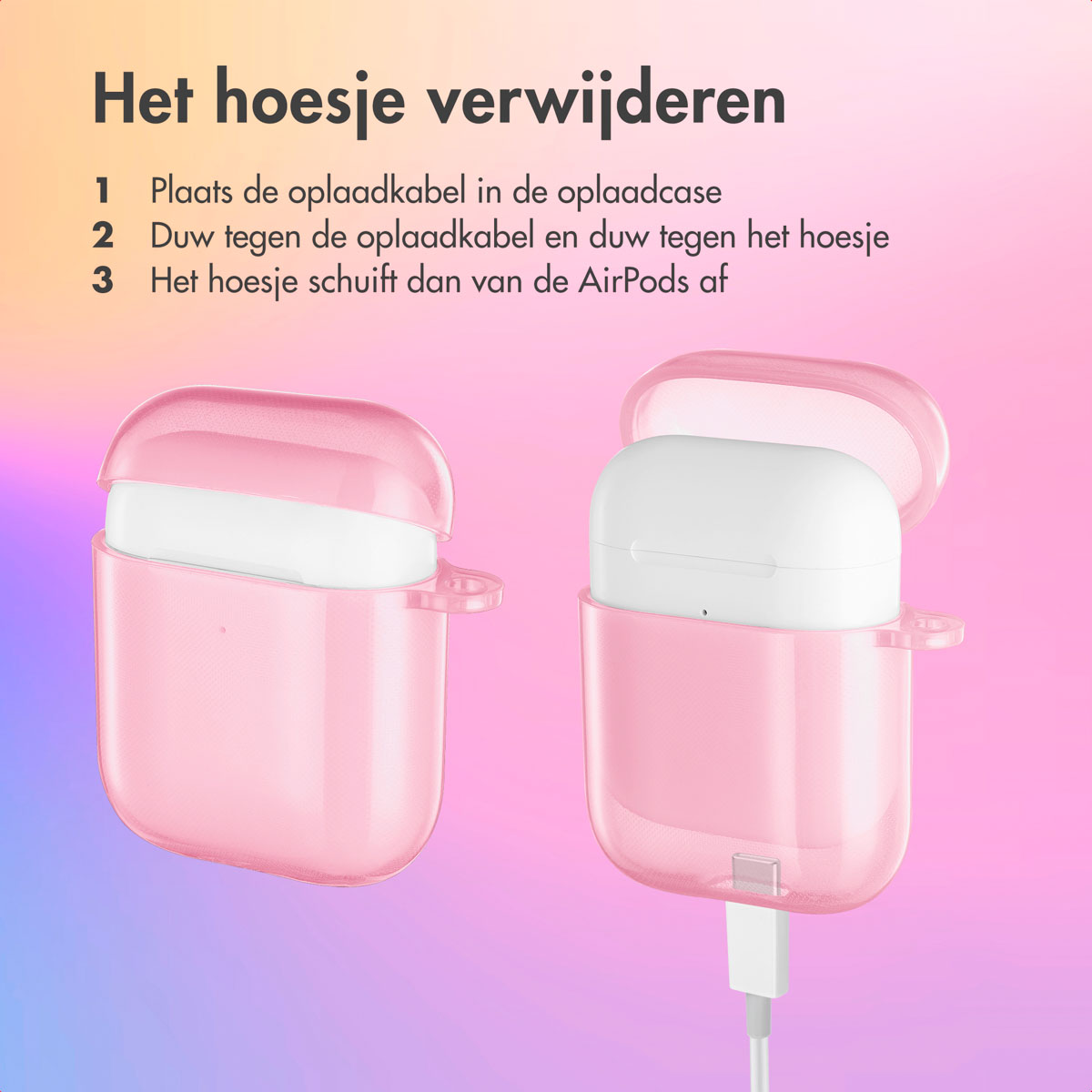 Two pink AirPods cases with white AirPods inside, next to each other. Pink and purple background.