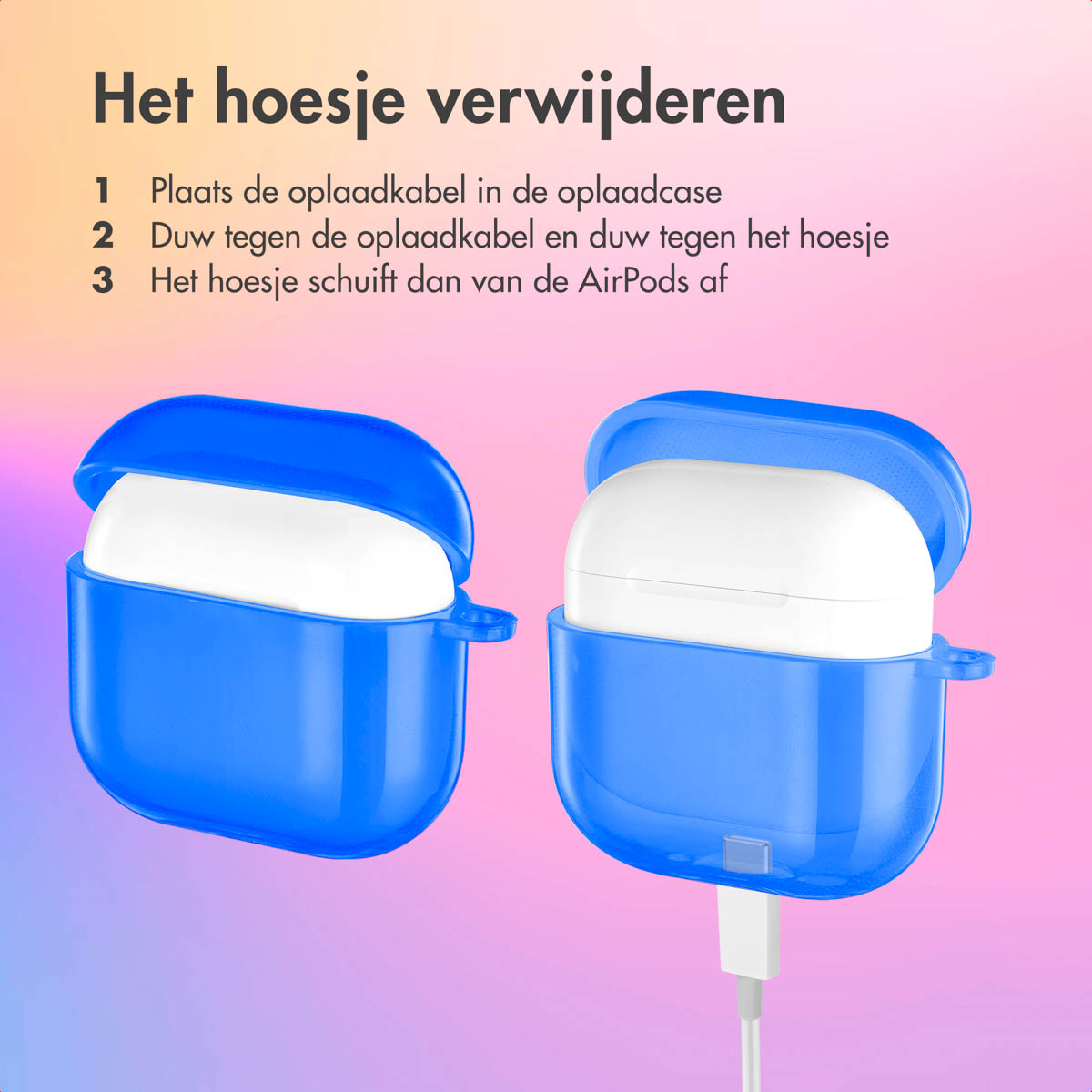Two blue AirPods cases with white AirPods inside, next to each other. Pink and purple background.